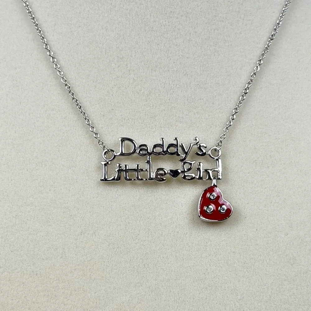 Daddy's Little Girl Necklace Silver Tone Red Heart Enamel Crystal Charm Kids